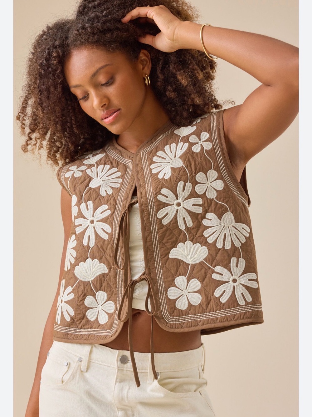 Altar'd State Brown Quilted Floral Appliqué Vest with White Flowers